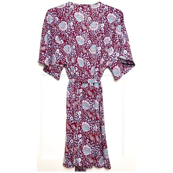 REBECCA MINKOFF 70s Floral Kimono Short Sleeve V-Neck Wrap Tie Waist Dress L - Picture 5 of 7